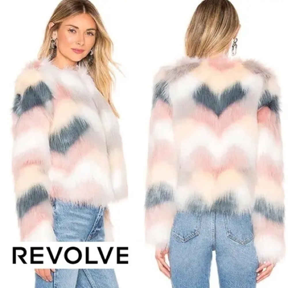 by the way x Revolve NWOT White Colorful Faux Fur Jacket XXS - XS